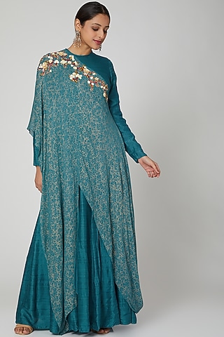 Turquoise Embellished Draped Gown by Abstract By Megha Jain Madaan